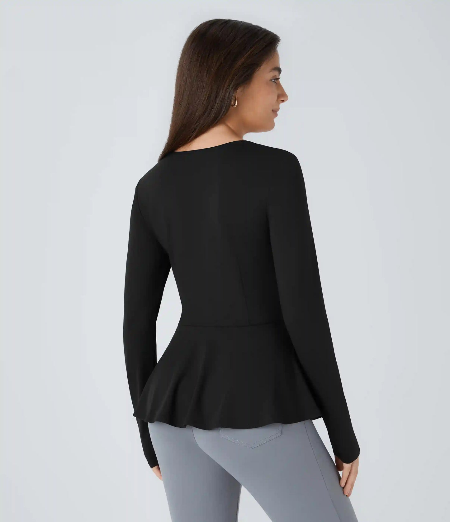 Square Neck Long Sleeve Ruffle Hem Work Top