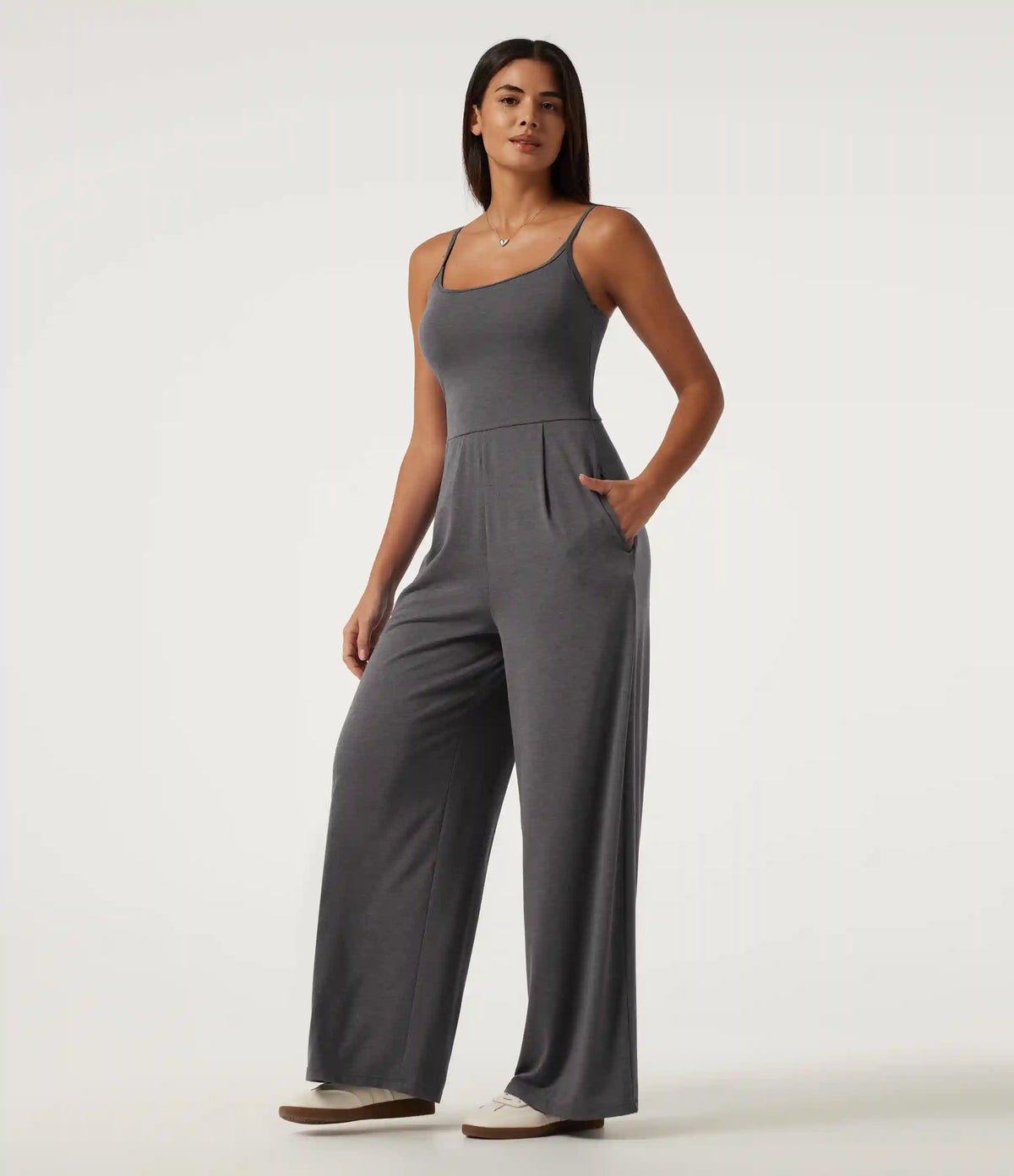 U-Neck Sleeveless Built-in Bra Ruched Baggy Casual Jumpsuit with Pockets-Easy Peezy Edition