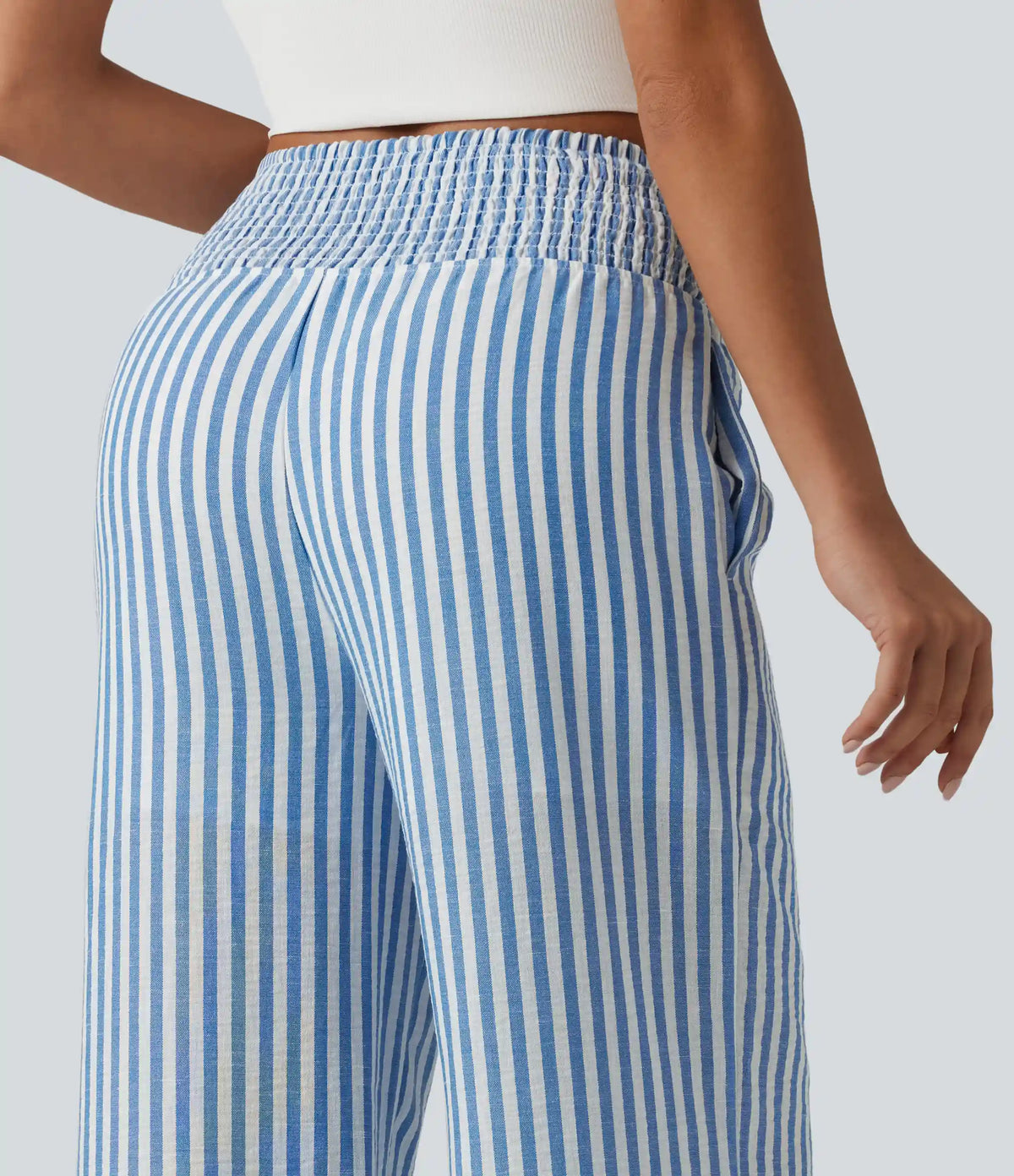 High Waisted Shirred 2-in-1 Straight Leg Stripe Casual Linen-Feel Pants with Pockets