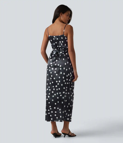 Invisible Zipper Ruched Tie-back Polka Dot Satin Maxi Bridesmaid And Wedding Guest Slip Dress