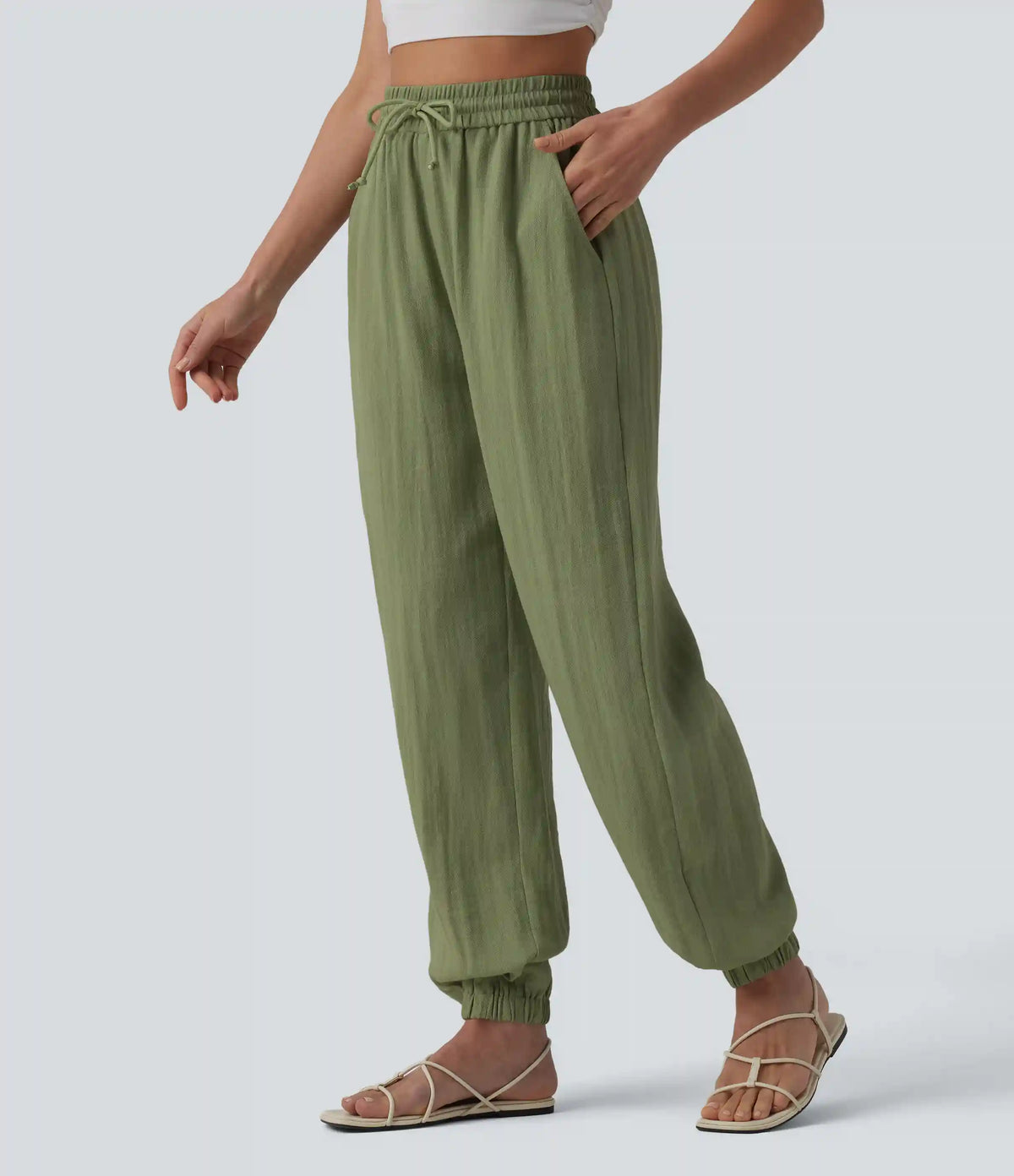 High Waisted Drawstring Wide Leg Casual Linen-Feel Joggers with Pockets
