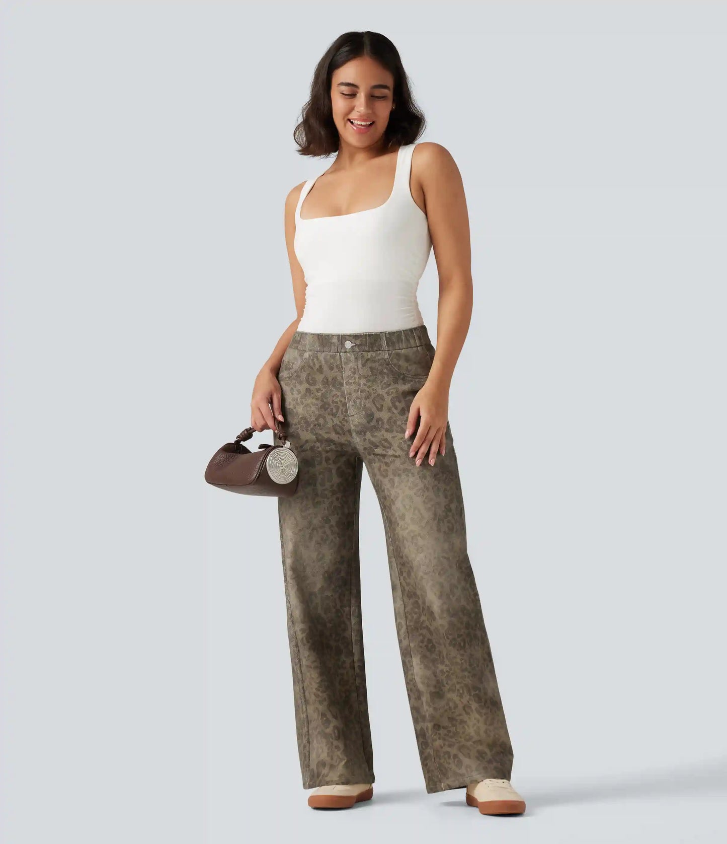Mid Rise Wide Leg Leopard Denim Print French Terry Casual Sweatpants Jeans with Pockets