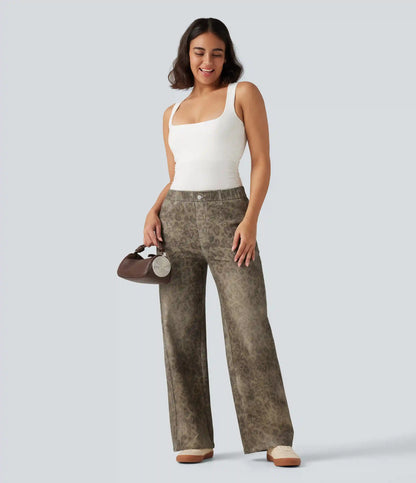 Mid Rise Wide Leg Leopard Denim Print French Terry Casual Sweatpants Jeans with Pockets