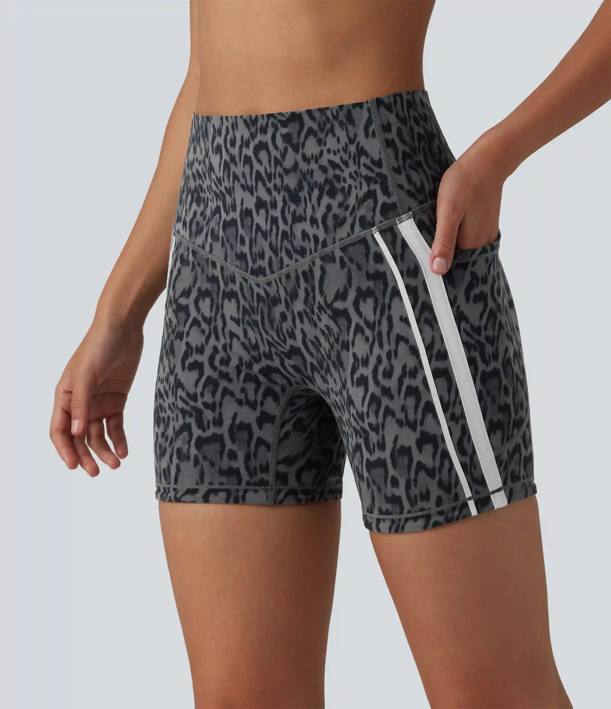 Halara UltraSculpt™ Leopard Print High Waisted Tummy Control Color Block Stripe Training Biker Shorts 5'' with Pockets