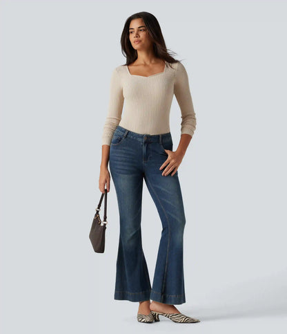 Ribbed Knit Square Neck Long Sleeve Casual Top