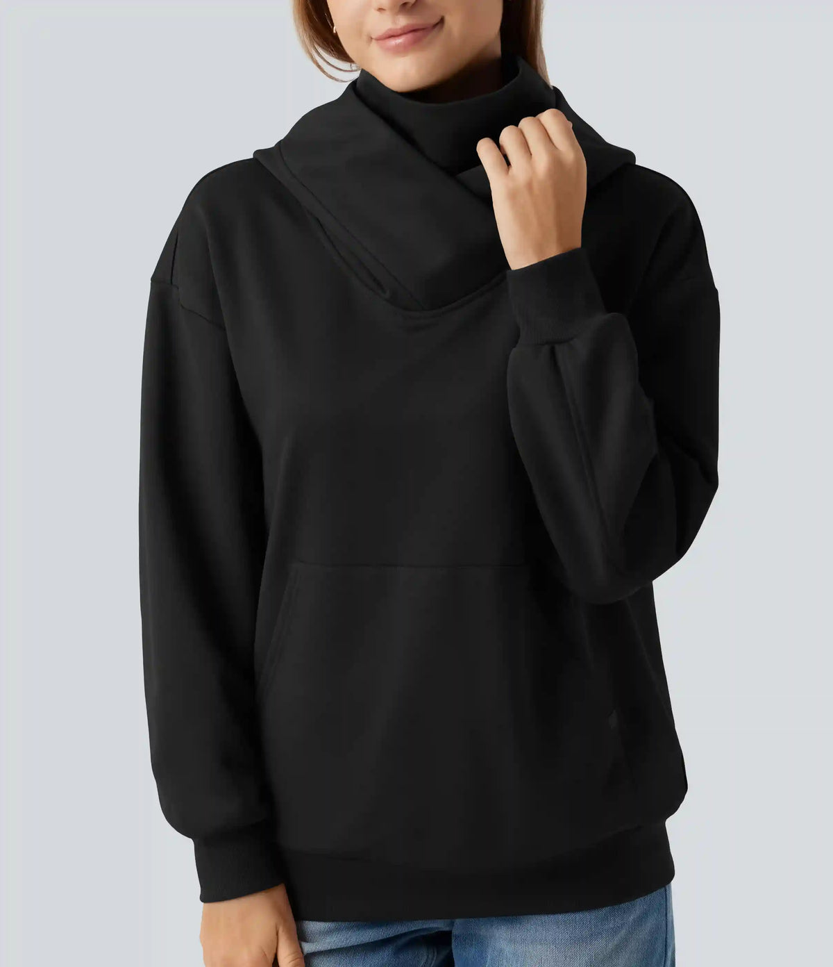Hooded Crossover Dropped Long Sleeve Fleece Casual Sweatshirt with Pocket