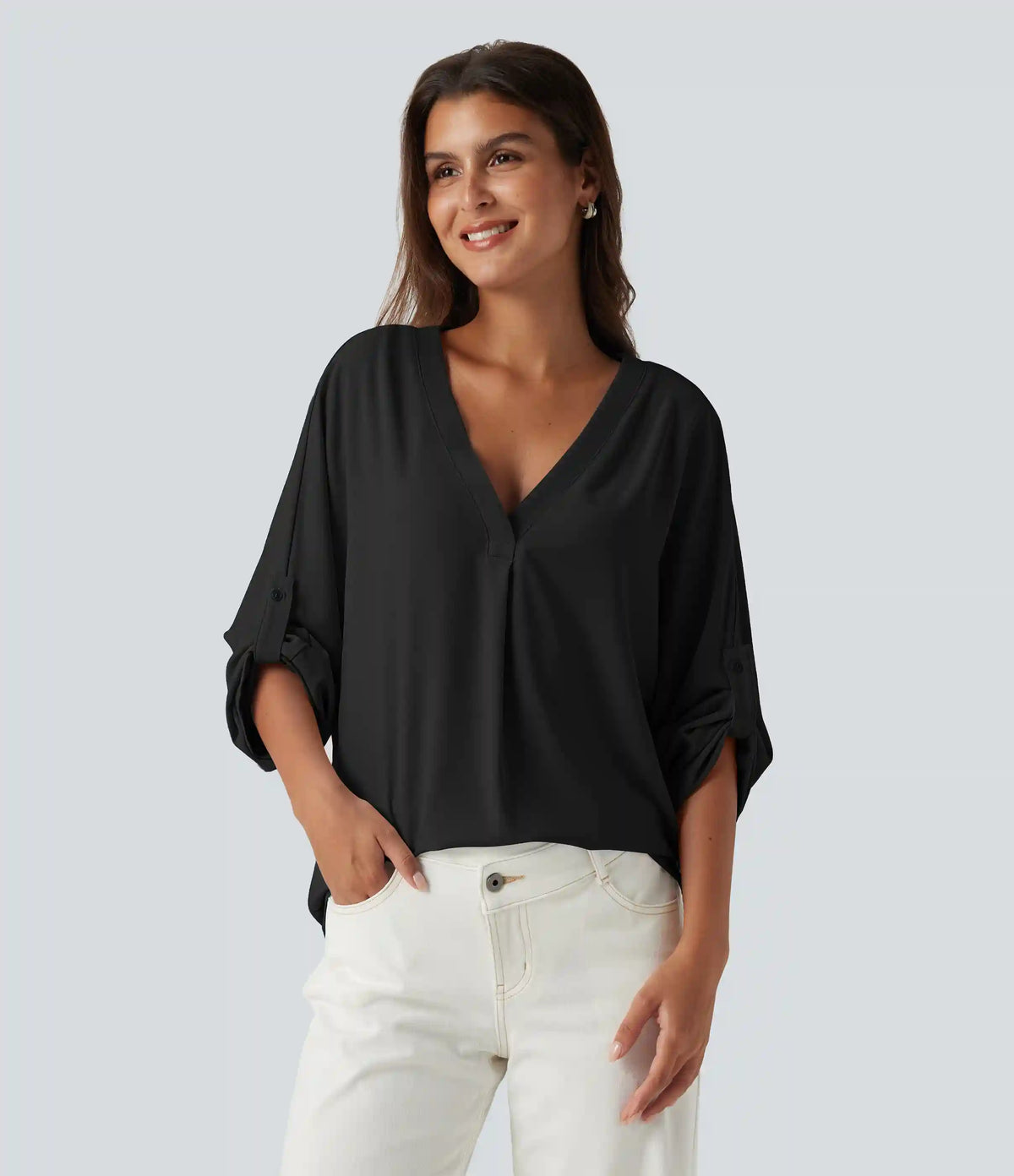 V Neck Batwing Long Sleeve Work Blouse