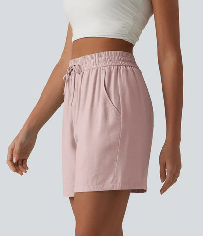 High Waisted Drawstring Casual Linen-Blend Baggy Shorts 5'' with Pockets
