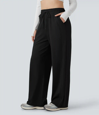 High Waisted Drawstring Straight Leg Yoga Pants with Pockets