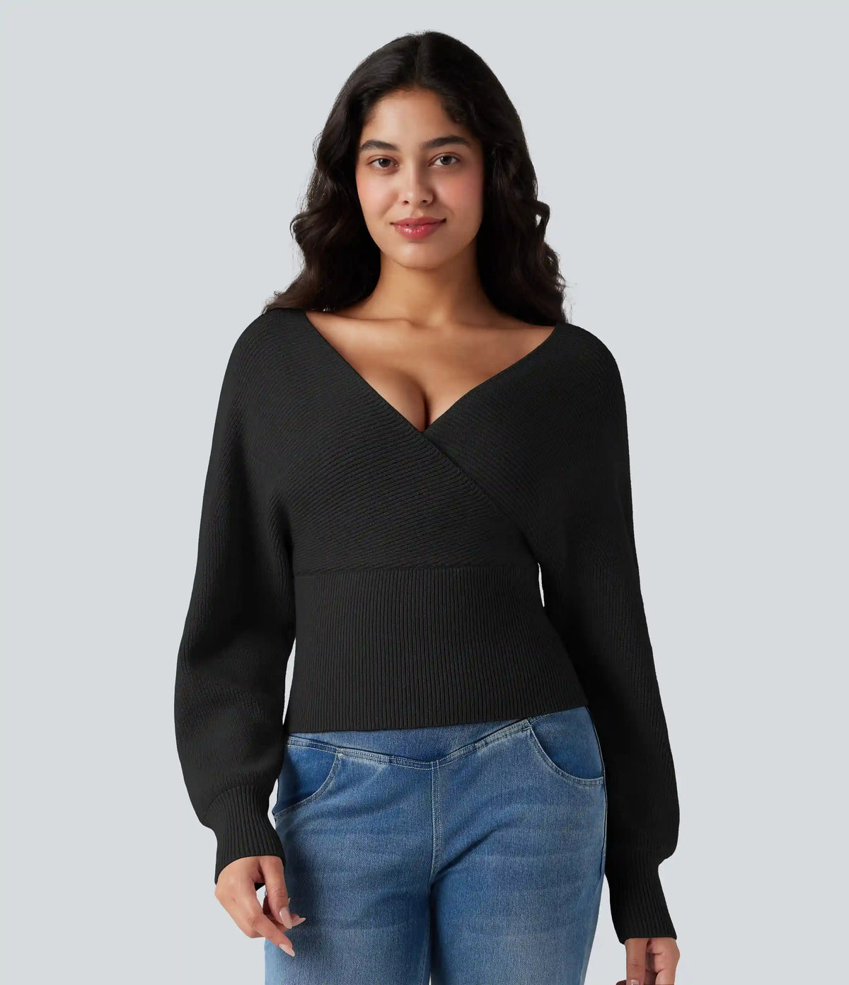 V-neck Batwing Long Sleeve Cut-out Casual Sweater