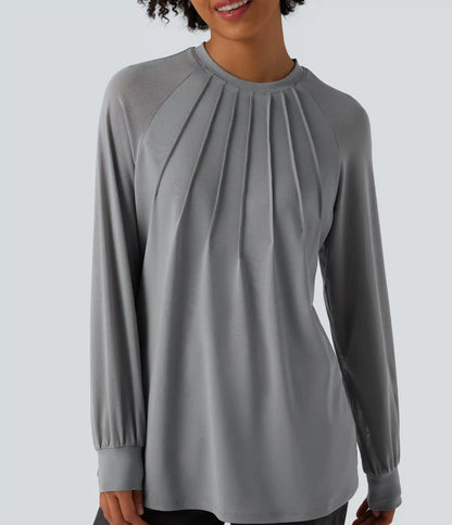 Round Neck Raglan Long Sleeve Contrast Mesh Casual Blouse