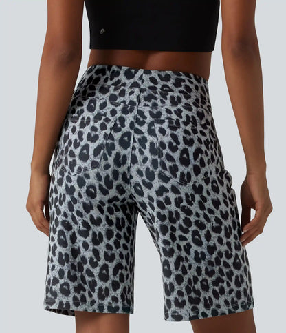 High Waisted Leopard Waffle Casual Baggy Bermuda Shorts 10'' with Pockets