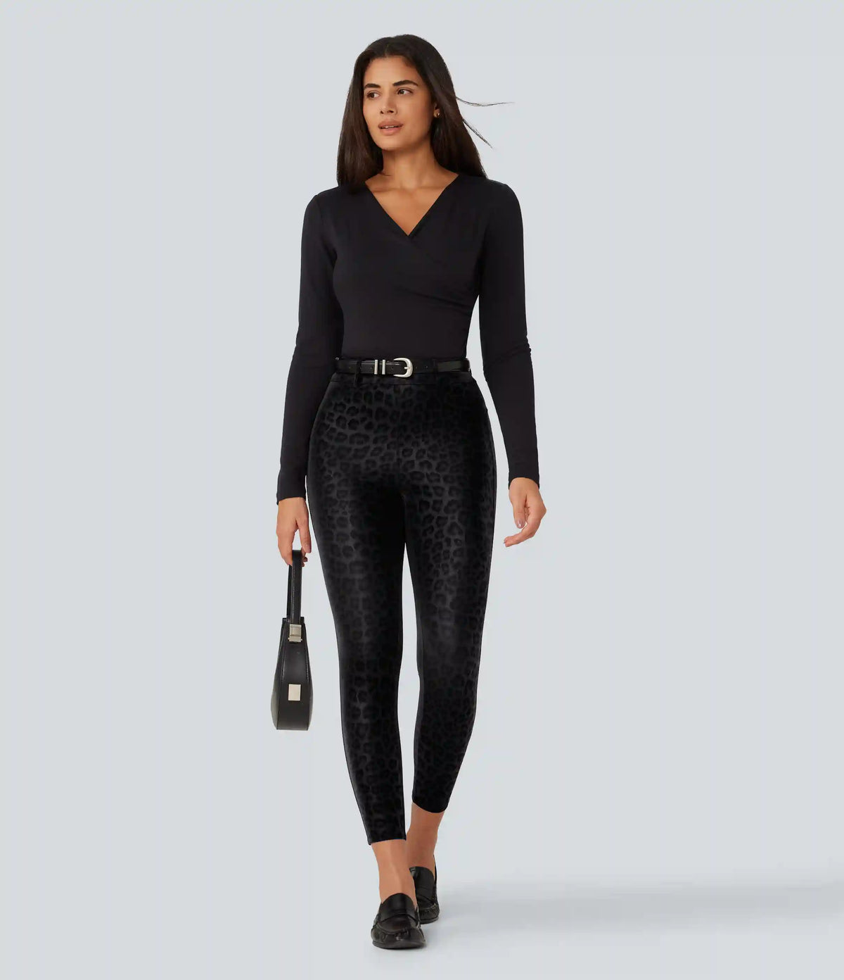 High Waisted Stretchy PU Leopard Print Fleece Casual Leggings with Pockets