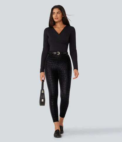 High Waisted Stretchy PU Leopard Print Fleece Casual Leggings with Pockets