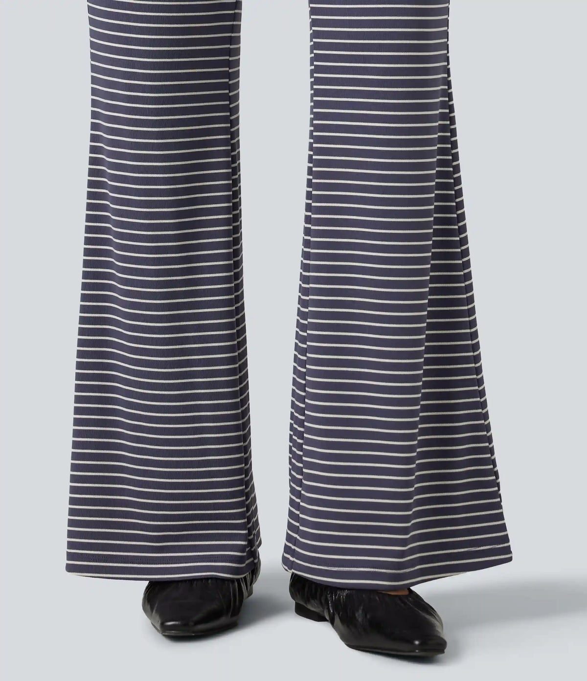 Ribbed Knit Stripes Mid Rise Drawstring Casual Bootcut Pants with Pockets