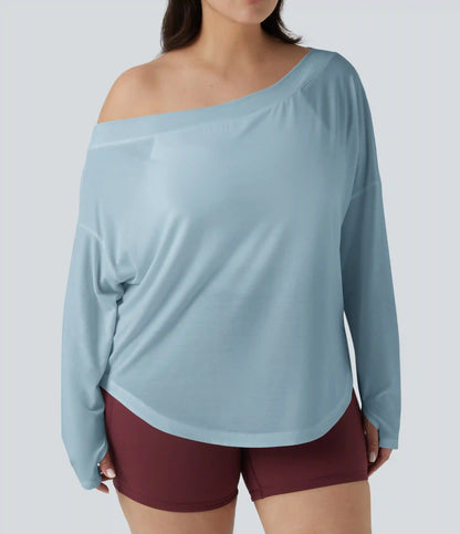 One Shoulder Long Sleeve Thumb Hole Curved Hem High Low Quick Dry Yoga Plus Size Sports Top-Built-in Bra
