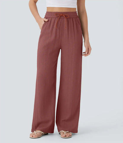 High Waisted Drawstring Pocket Wide Leg Baggy Casual Linen-Feel Pants