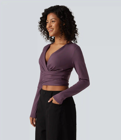 V Neck Long Sleeve Lace Up Work Top
