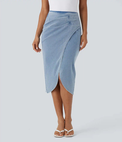 Halara Flex™ High Waisted Back Zipper Ruched Tulip Hem Midi Washed Denim Casual Skirt