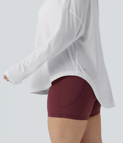 One Shoulder Long Sleeve Thumb Hole Curved Hem High Low Quick Dry Yoga Plus Size Sports Top-Built-in Bra
