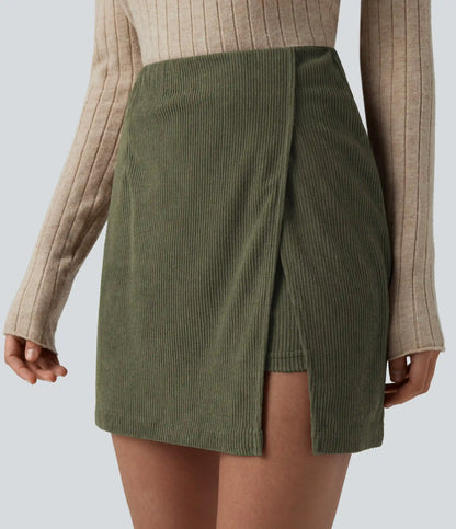 High Waisted Back Zipper Split Hem 2-in-1 Corduroy Casual Skirt-Longer Length