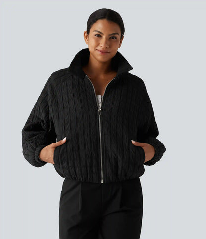 Stand Collar Long Sleeve Quilted Casual Jacket with Pockets