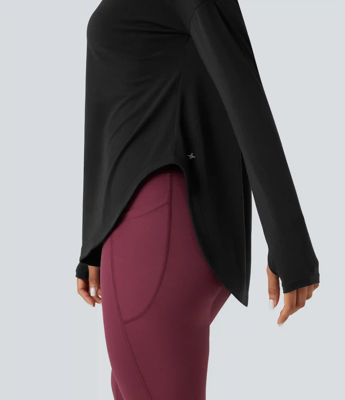 One Shoulder Long Sleeve Thumb Hole Curved Hem High Low Quick Dry Yoga Sports Top-Built-in Bra