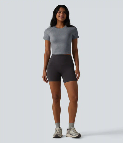 Round Neck Short Sleeve Built-in Bra Yoga Sports Top