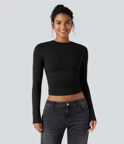 Round Neck Long Sleeve Ruched Casual Top