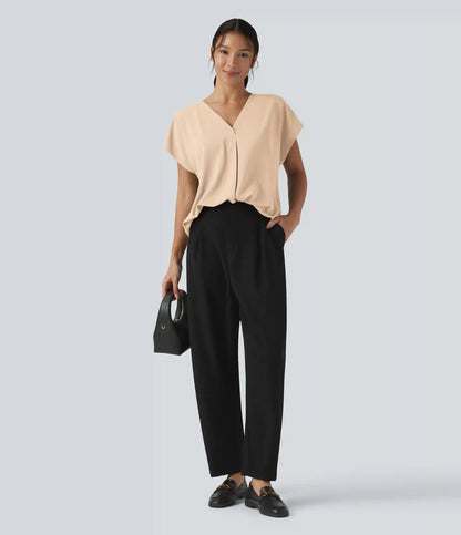 Wrinkle Recovery V-neck Short Sleeve Oversized Work Blouse
