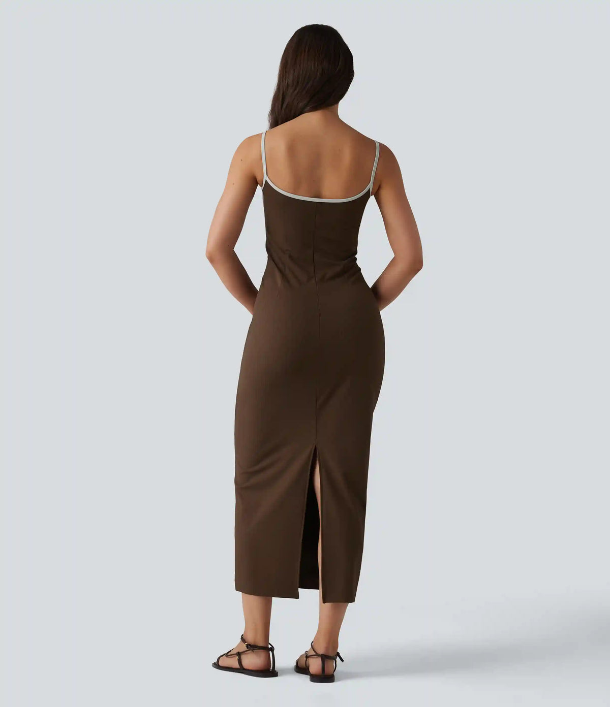 Ribbed Sweetheart Neck Non-Removable Pad Color Block Midi Casual Slip Dress