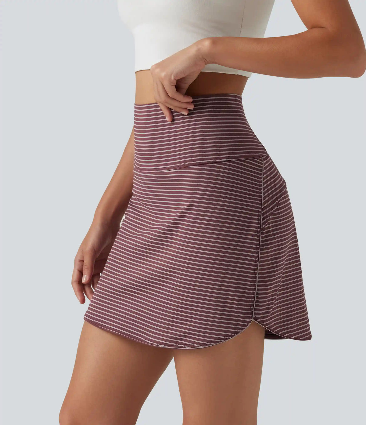 Ultra High-Waist Tummy Control Curved Hem 2-in-1 Stripes Golf Mini Skirt with Pockets