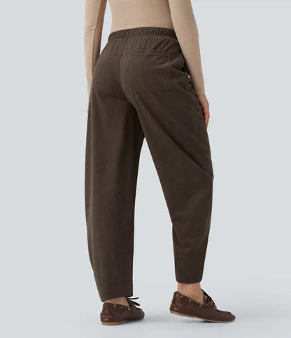 Mid Rise Drawstring Barrel Leg Corduroy Casual Pants with Pockets