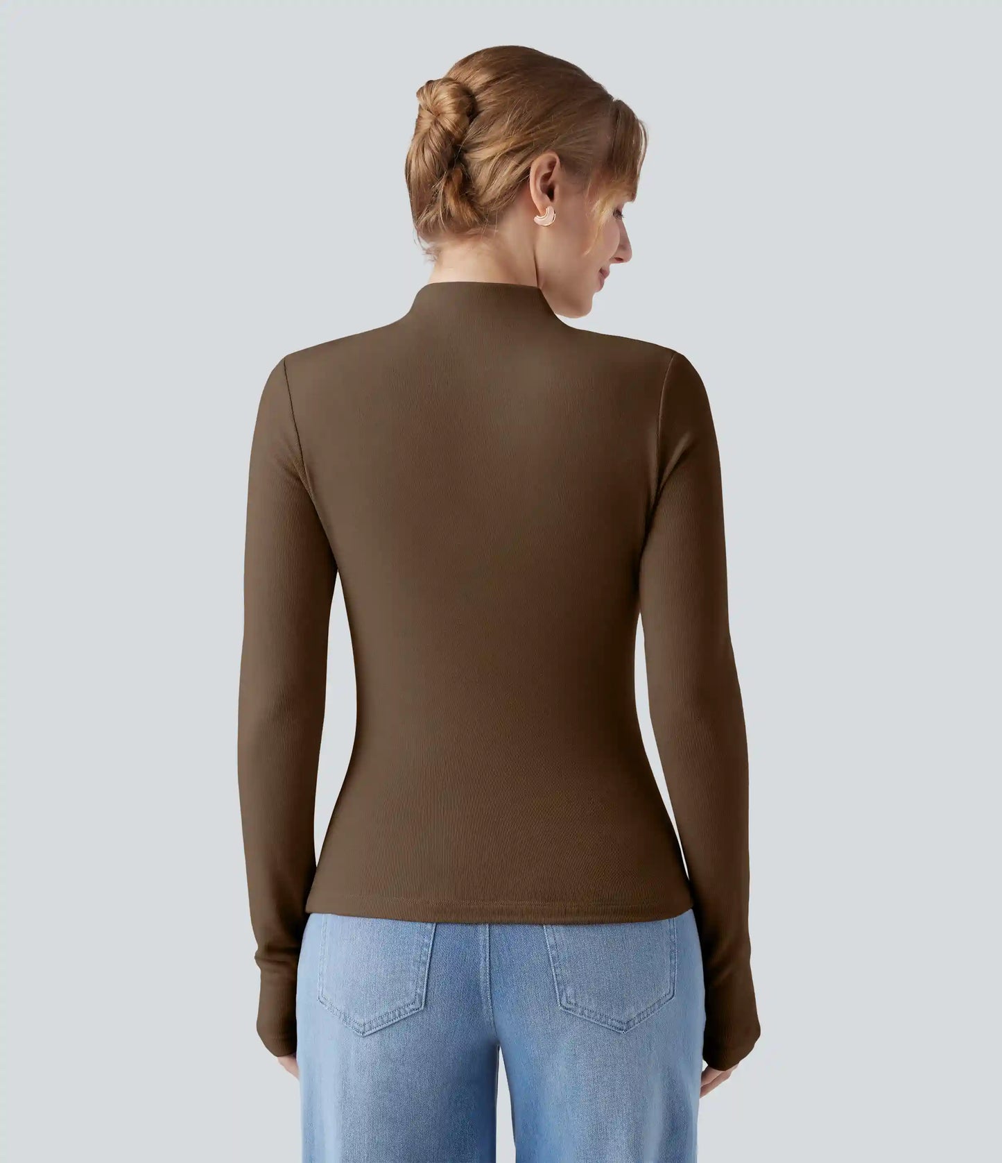 Mock-neck Long Sleeve Ruched Asymmetric Hem Thermal Casual Top