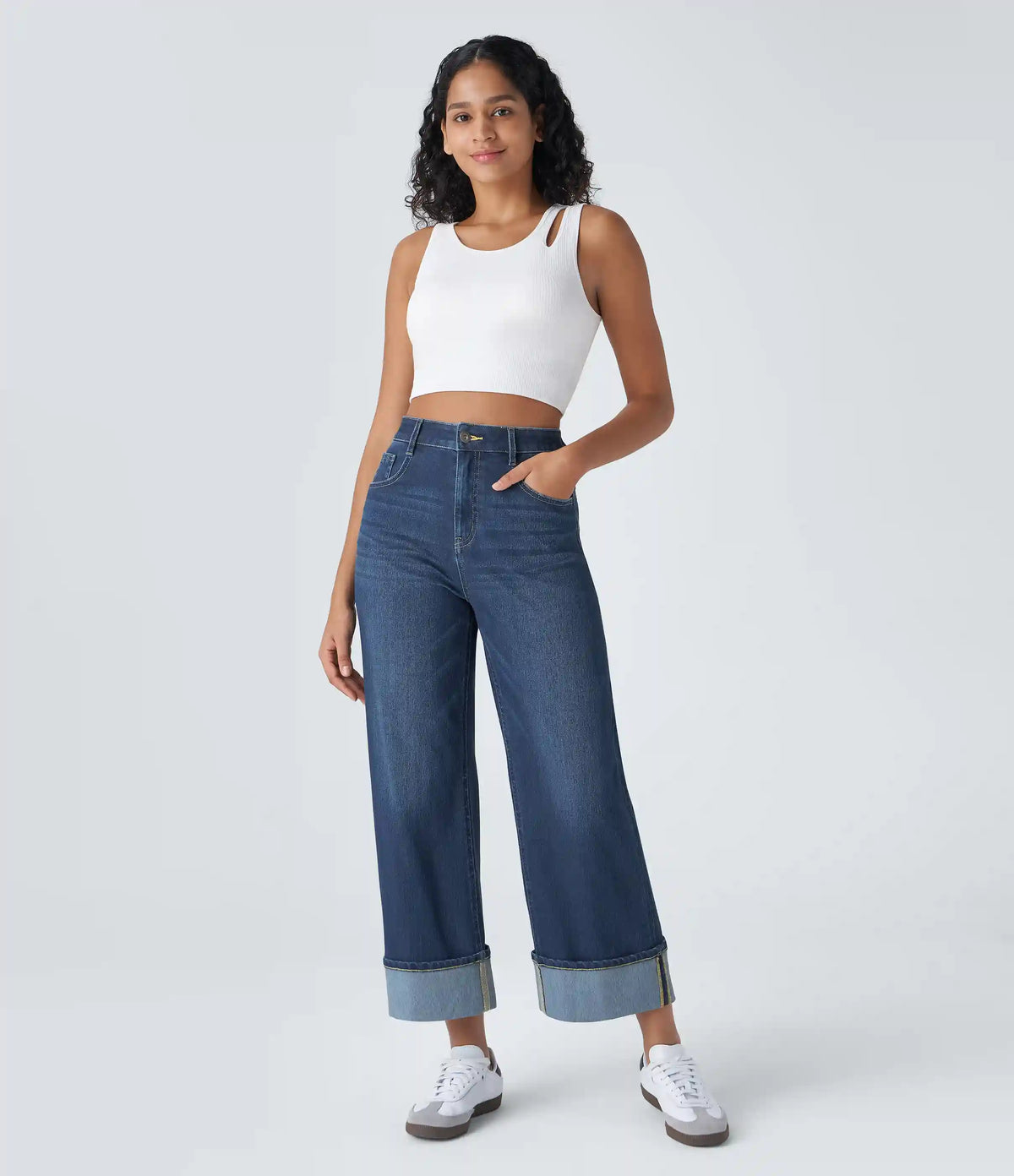 Halara Flex™ High Waisted Pockets Rolled Hem Wide Leg Washed Casual Jeans