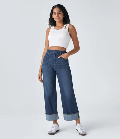 Halara Flex™ High Waisted Pockets Rolled Hem Wide Leg Washed Casual Jeans