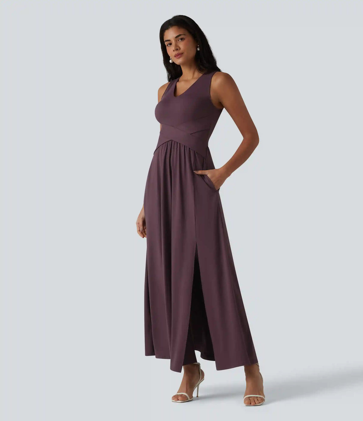 V Neck Sleeveless Maxi Dress with Pockets