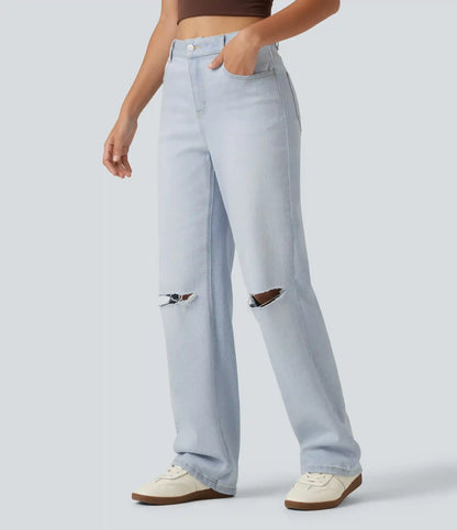 High Waisted Ripped Straight Leg Casual Jeans with Pockets