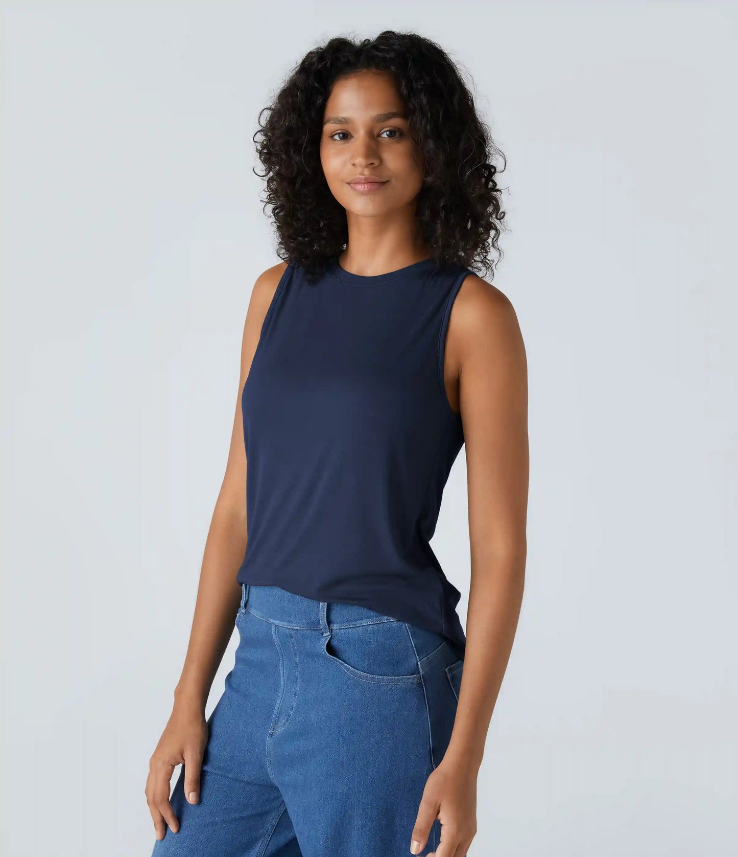 Ribbed Round Neck Basic Casual Tank Top