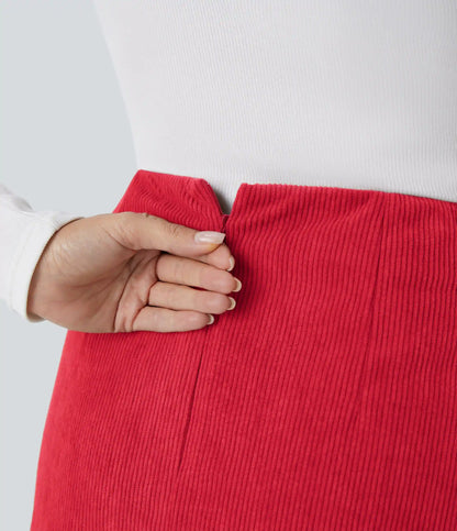 High Waisted 2-in-1 A Line Mini Corduroy Casual Skirt-Longer Length