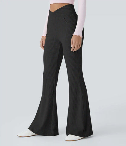 Ribbed Knit Crossover High Waisted Pocket Casual Flare Pants