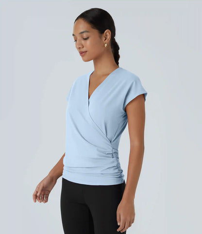 V Neck Cap Sleeve Crossover Ruched Solid Work Blouse