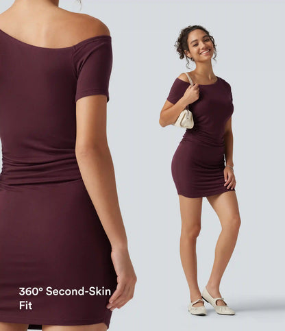 Ribbed One Shoulder Built-in Bra Short Sleeve Bodycon 2-in-1 Mini Casual Dress with Pockets-Easy Peezy Edition