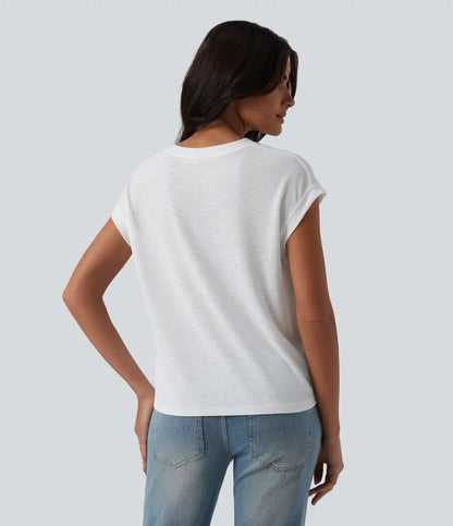 Semi Sheer Notched Short Sleeve Casual T-Shirt