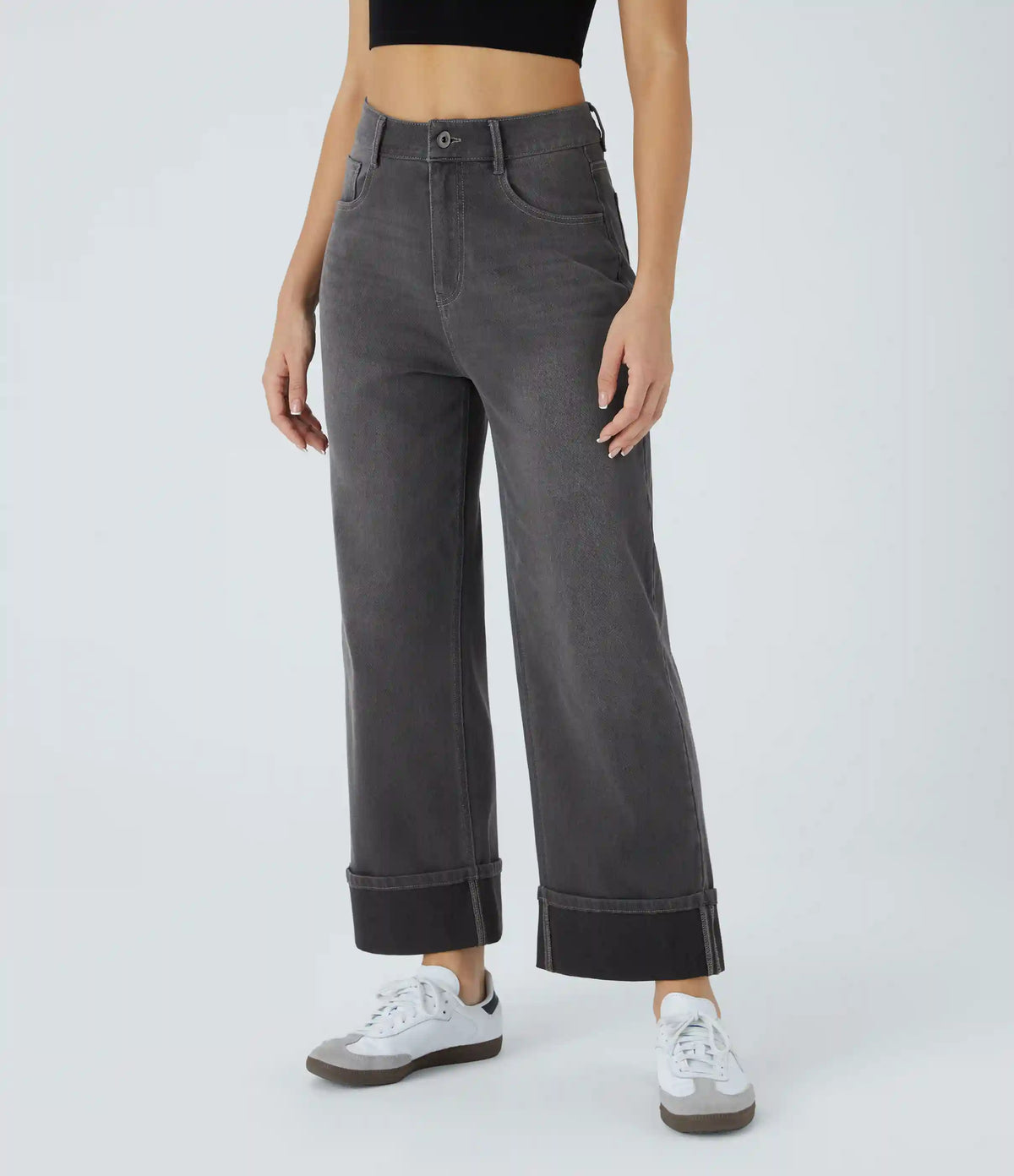 Halara Flex™ High Waisted Pockets Rolled Hem Wide Leg Washed Casual Jeans