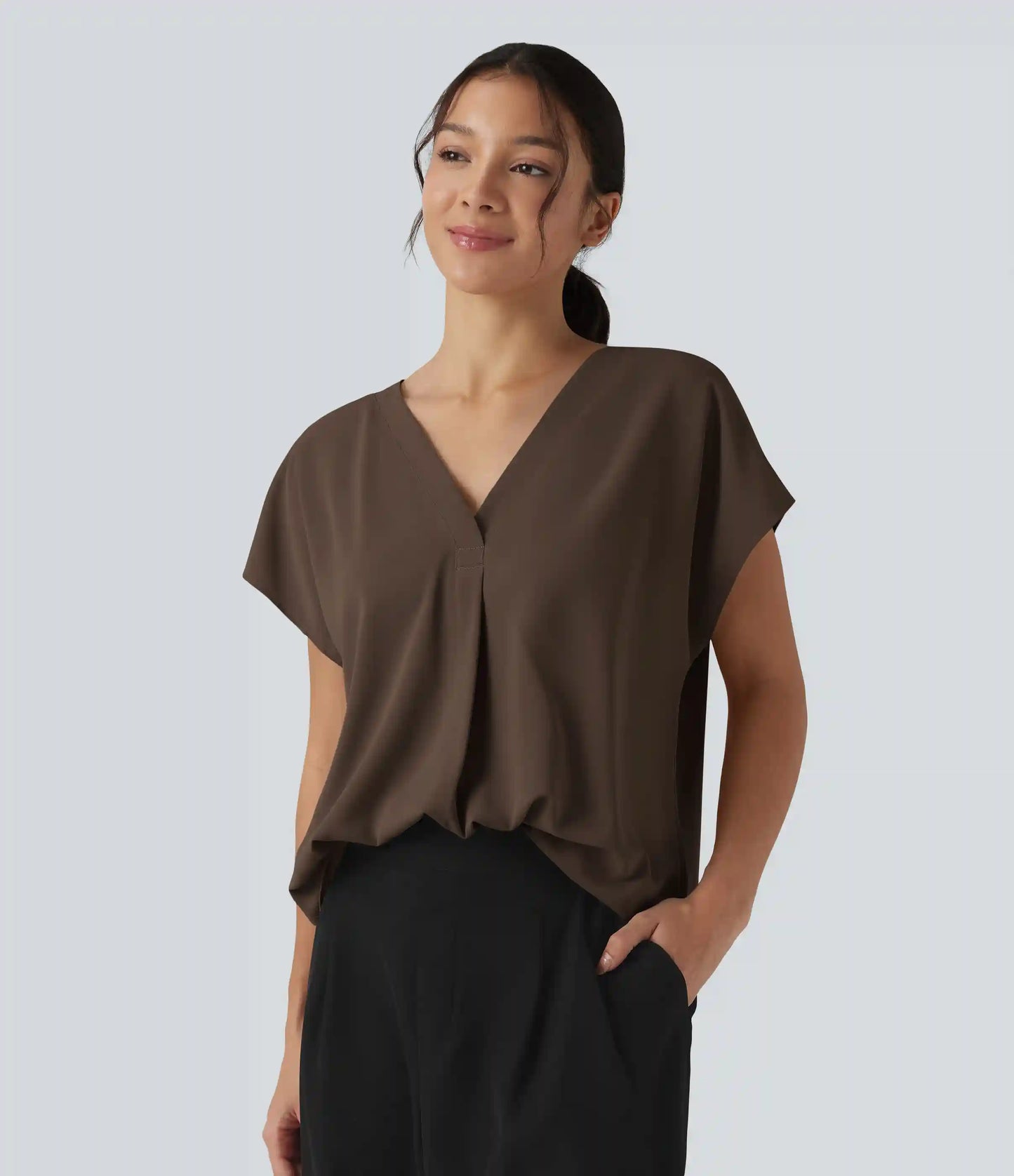 Wrinkle Recovery V-neck Short Sleeve Oversized Work Blouse