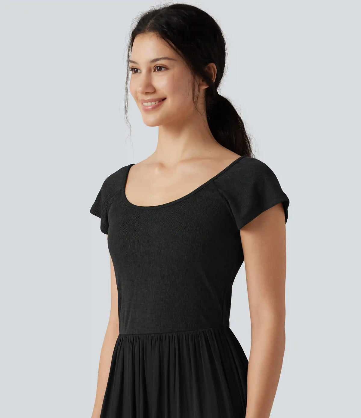 U Neck Short Sleeve Flowy Maxi Casual Dress