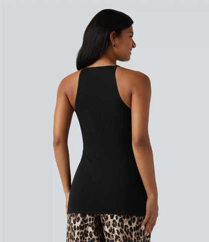 Round Neck Split Hem Slim Casual Tank Top