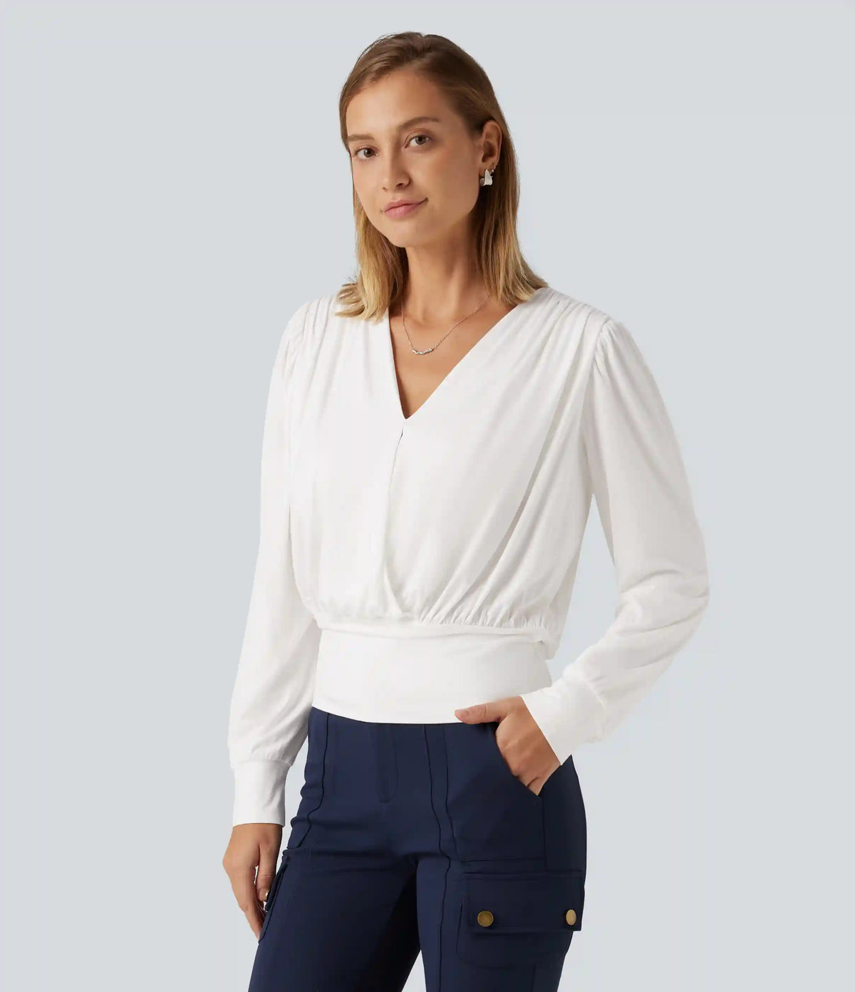 V Neck Long Sleeve Ruched Casual Top