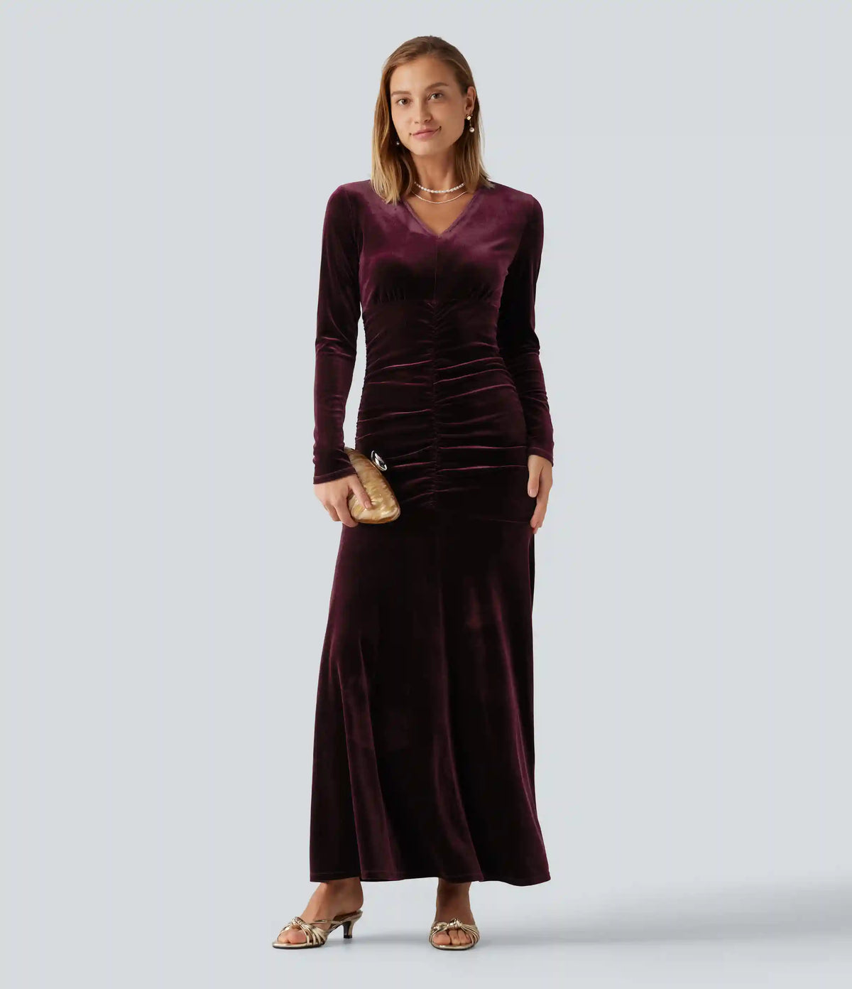 V Neck Long Sleeve Ruched Bodycon Velvet Party Maxi Dress